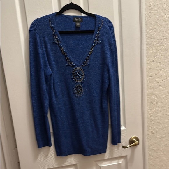 Beaded Blue Sweater - V-Neck Design - Picture 1 of 7